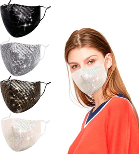 Reusable Sequin Face Mask Women Female Adult Glitter Sparkly Bling Washable Designer Fashion Cute Pretty Breathable Adjustable Sparkle Bedazzled Fancy Decorative Black White Gold Silver Gift for Women